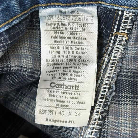 VTG Carhartt Jeans Men's 40x34 Darkstone Flannel Lined Washed Denim Dungaree Fit - Picture 4 of 8
